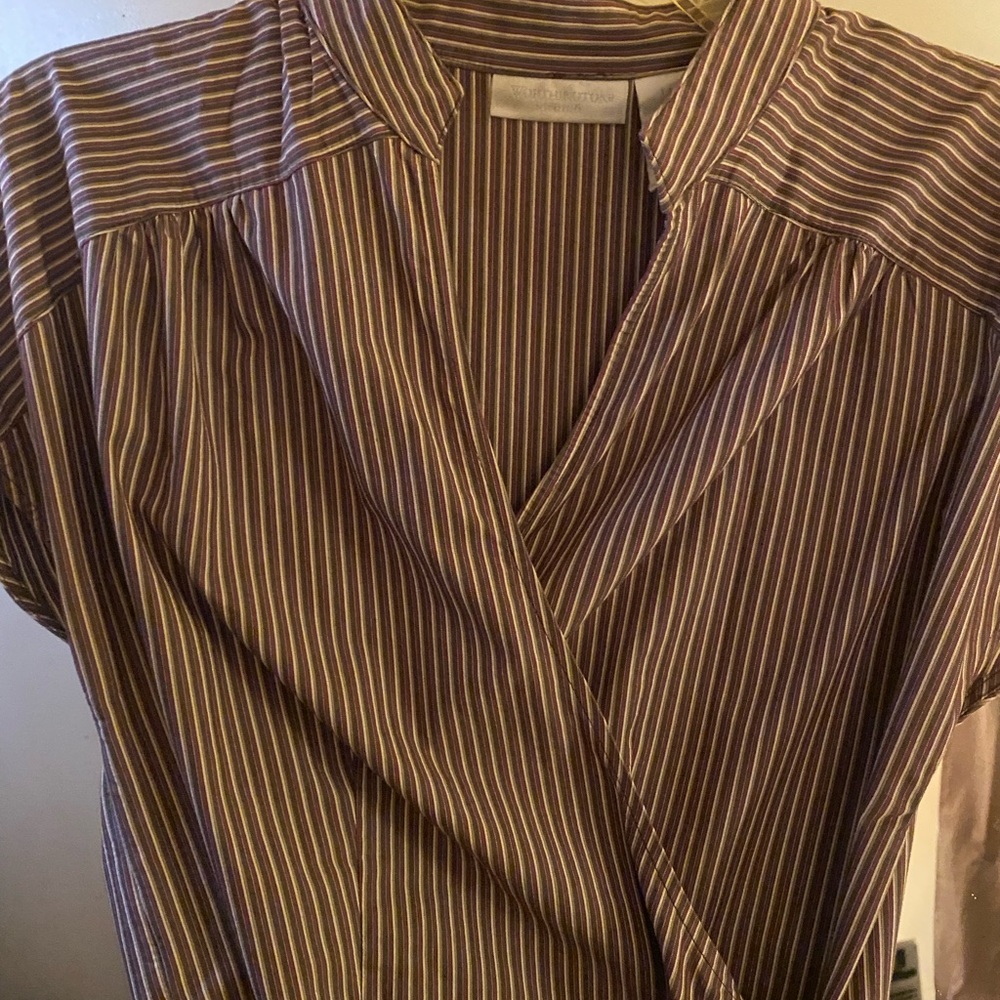 Women's Striped Short Sleeve V-Neck Wrap Blouse Workwear Office Top,Size Large L - Picture 3 of 3